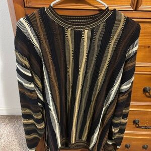 Vintage Men's Striped Crewneck Sweater - Black, Brown, and Cream
